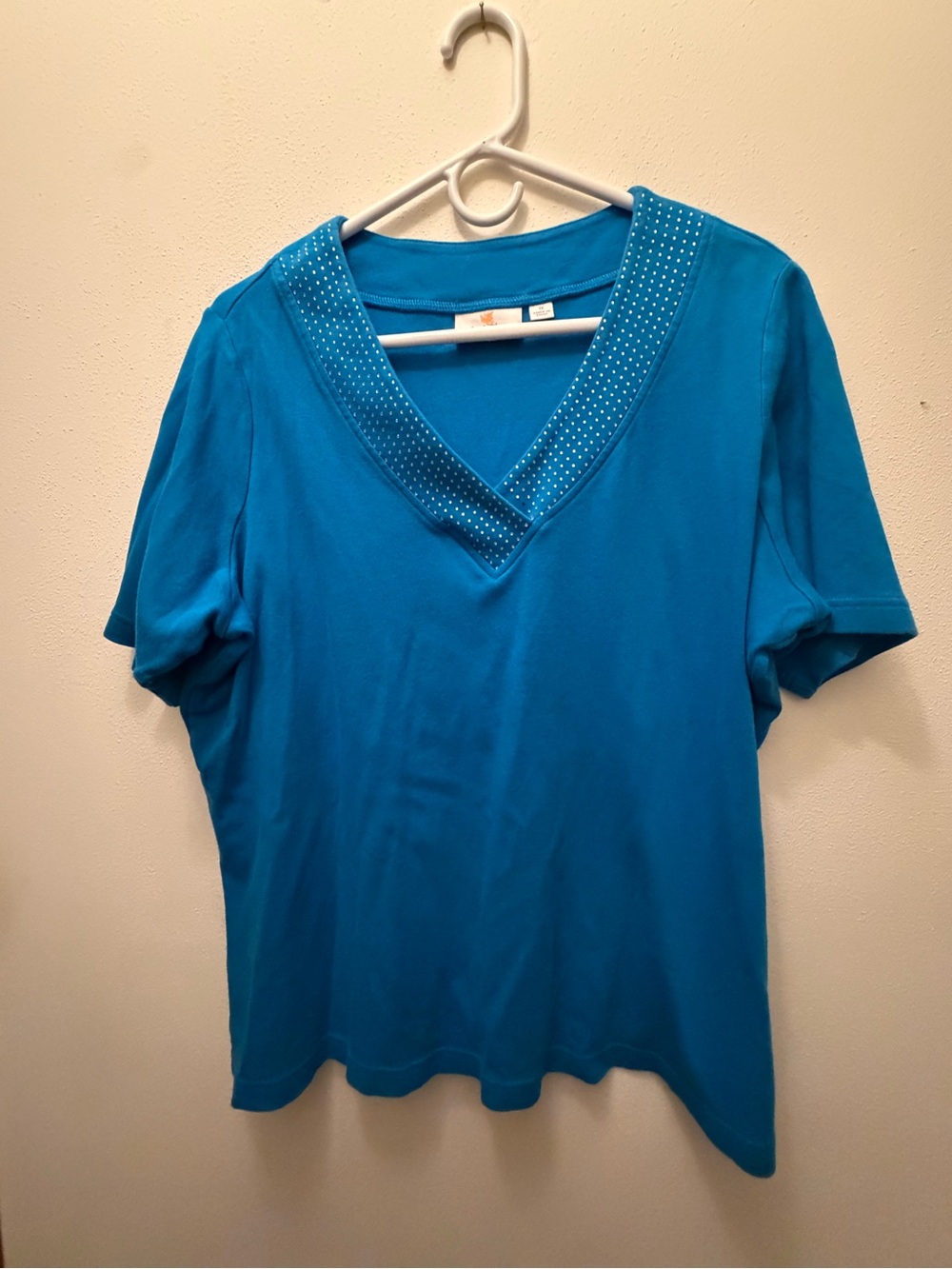 Quacker Factory Teal Blue V-Neck Short Sleeve Top with Studded Trim